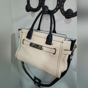 Coach Swagger 27 Satchel Colorblock Double Turnlock Nude Shoulder Purse Leather